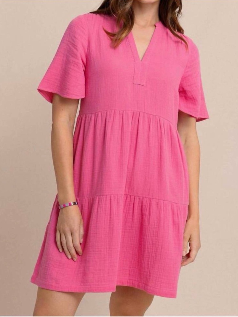 Southern Tide Pink Harper V-Neck Tiered Mini Dress